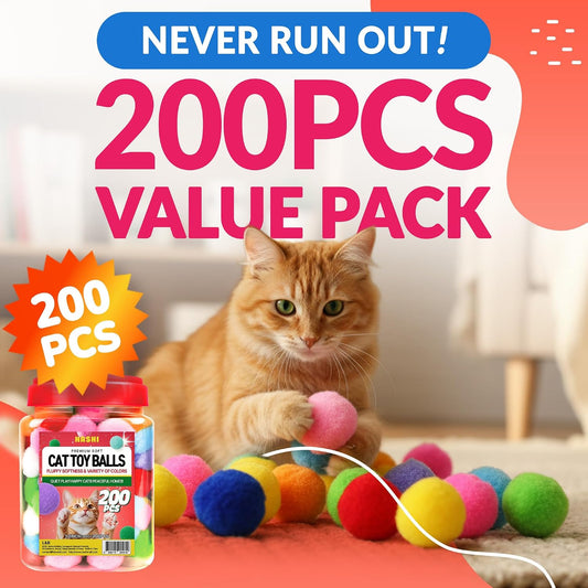 Close up of colorful 1.2 inch fuzzy pom pom balls for cats
