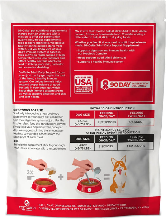 Dinovite daily digestive health and skin support powder label showing the 90 servings info.