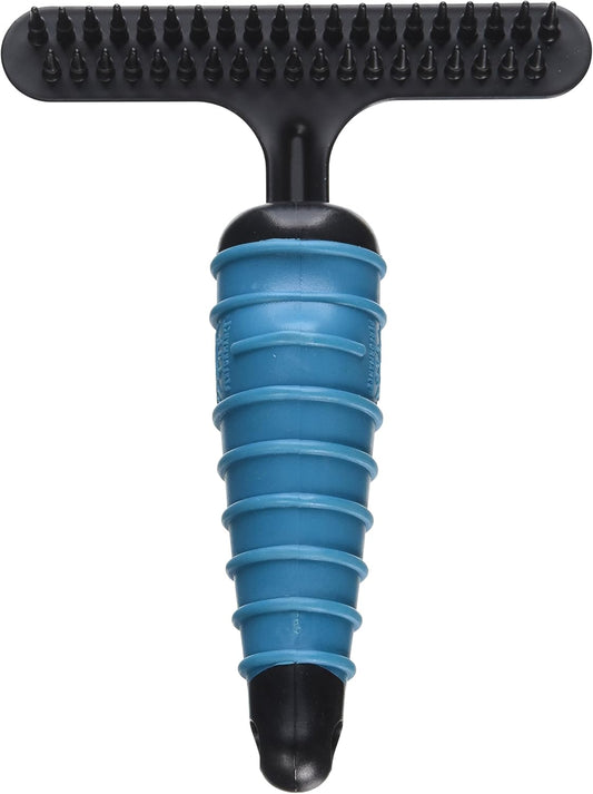 Close-up of Master Grooming Tools rake showing the 39 hardened steel pins for dog grooming.