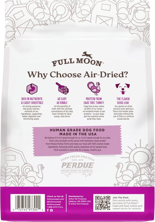 Full Moon Homestead Turkey air dried dog food bag showing 90 percent turkey recipe callout.