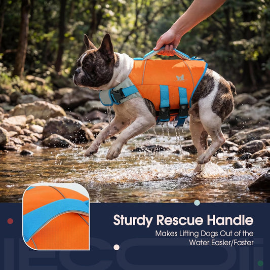 Orange and blue dog life jacket side profile displaying the full belly band closure.