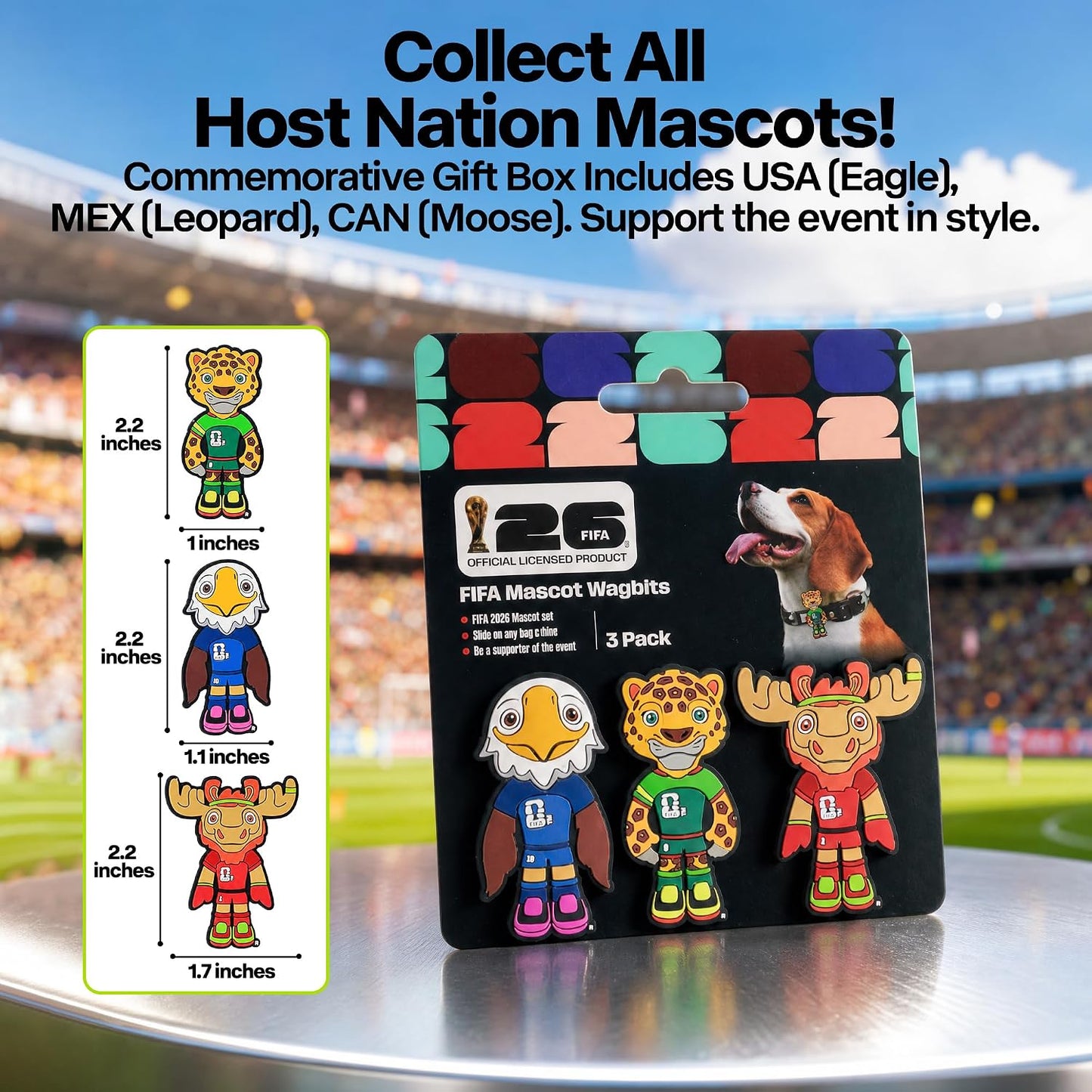 Packaging of the officially licensed AFP Pet Products FIFA World Cup mascot three pack pet supporter gear.