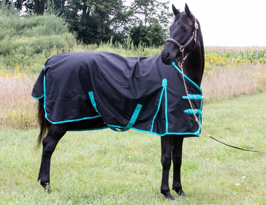 Tech Equestrian waterproof turnout sheet side view highlighting the double cross surcingles and high shoulder gusset