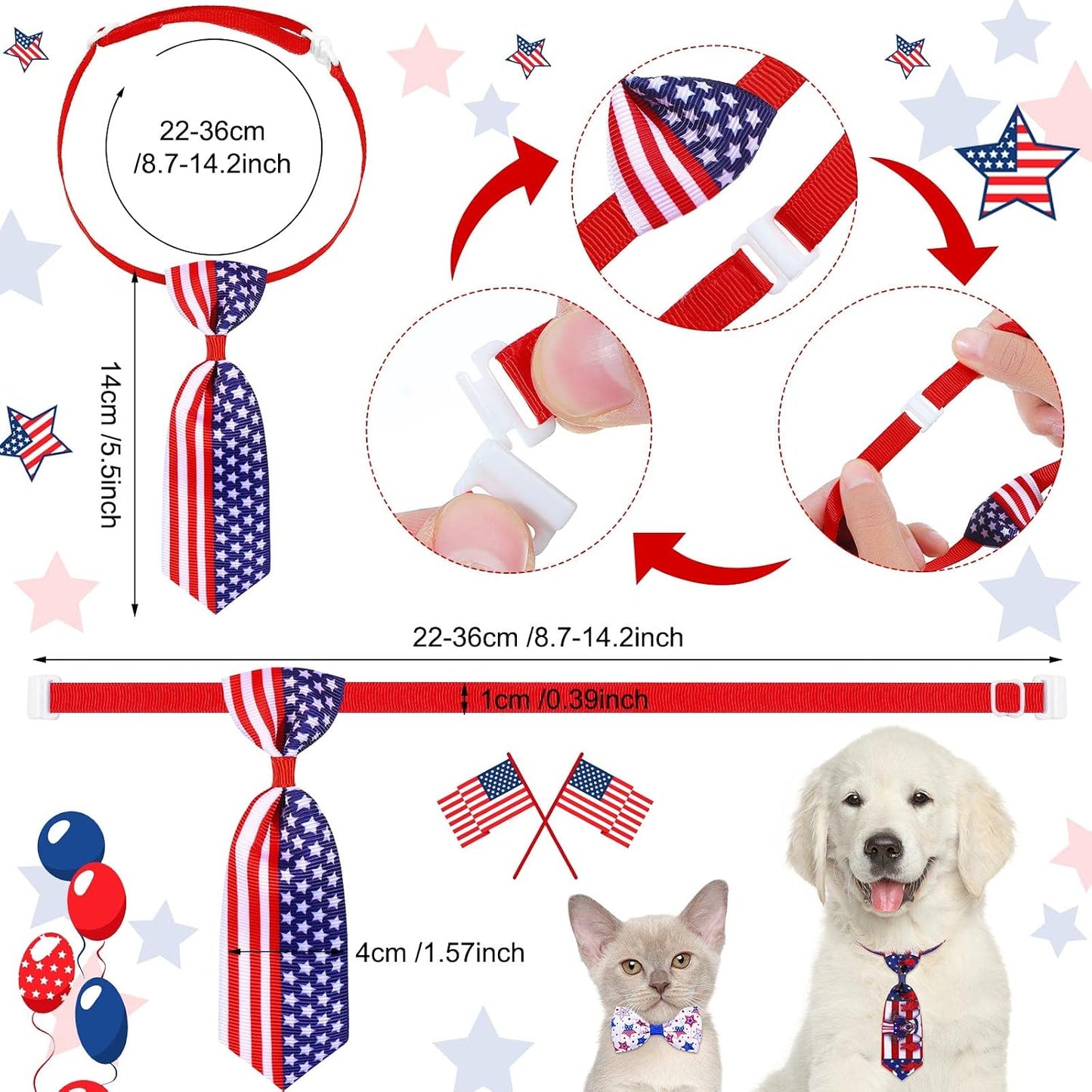 Side view of pre tied patriotic pet necktie collar highlighting the adjustable strap mechanism.