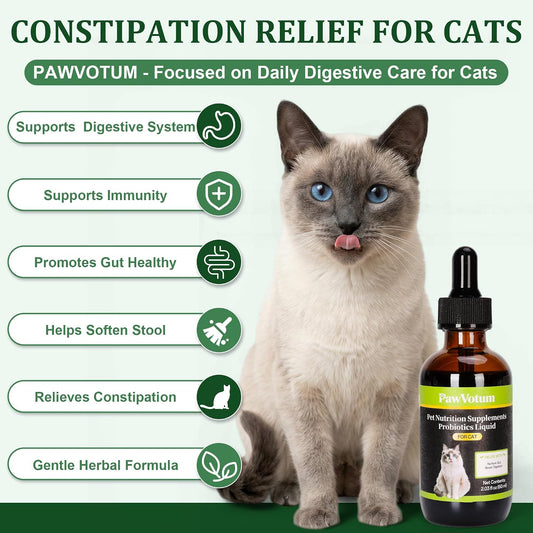 Natural cat laxative bottle displaying probiotic ingredients and directions for feline digestive health.