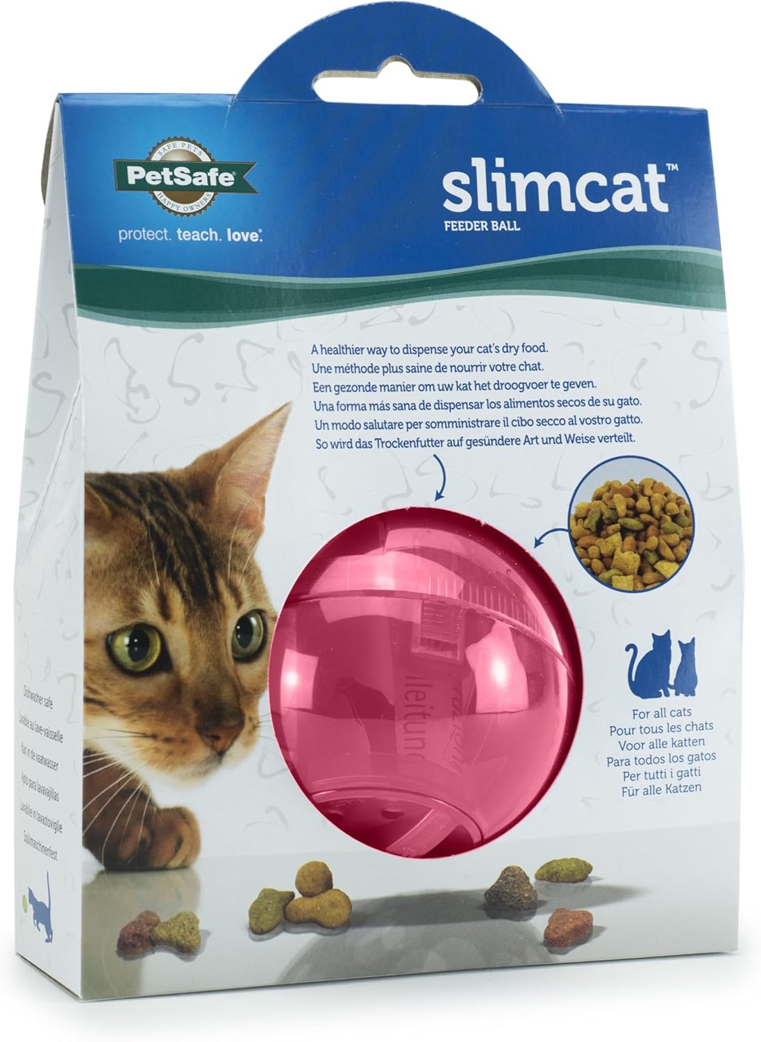 Top rack dishwasher safe PetSafe blue slow feeder puzzle ball ready for healthy pet mealtimes.