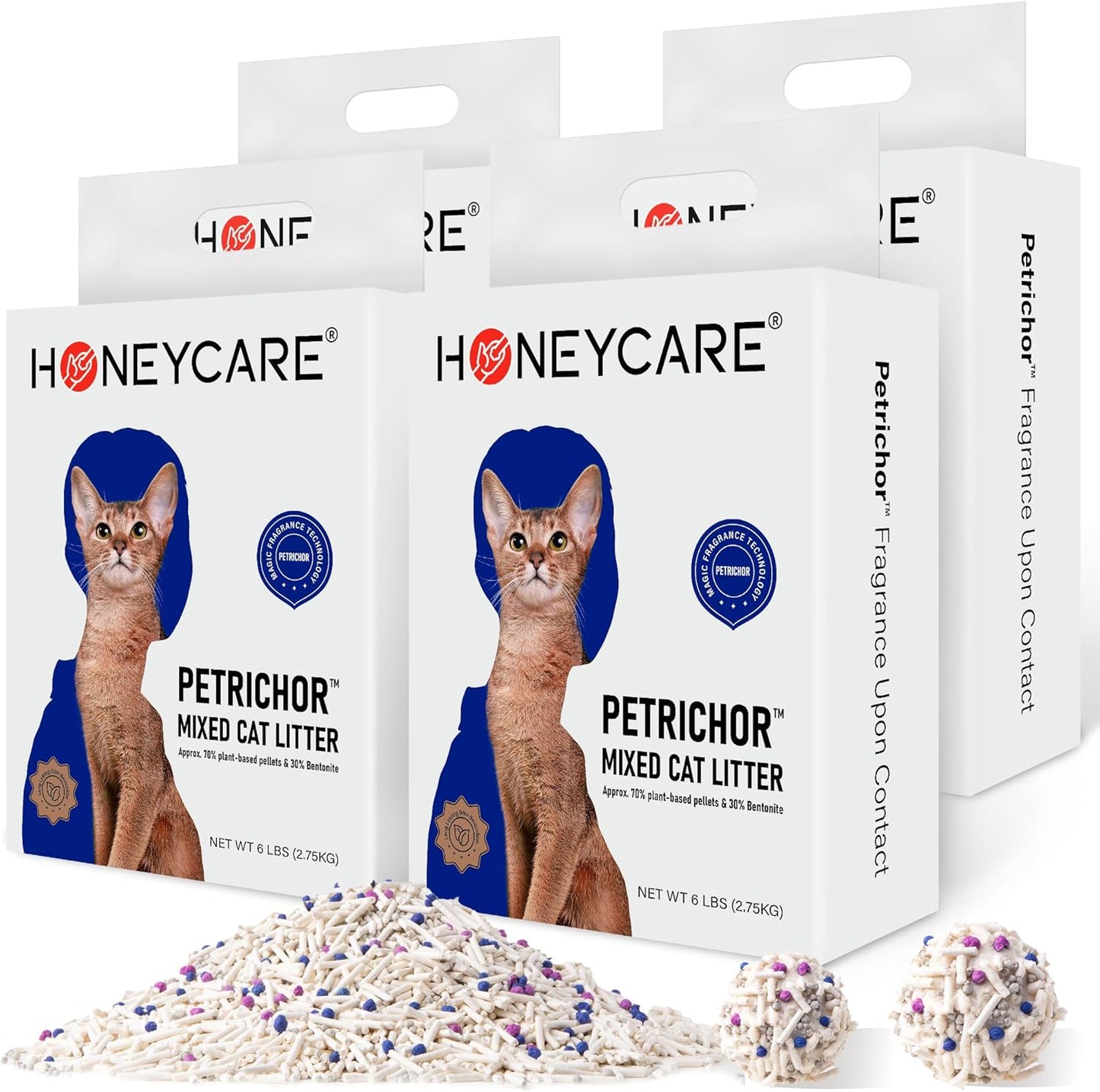 Back view of Honey Care cat litter packaging with instructions