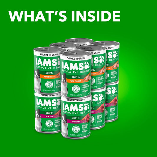 Canned dog food chicken and beef chunks in gravy variety pack