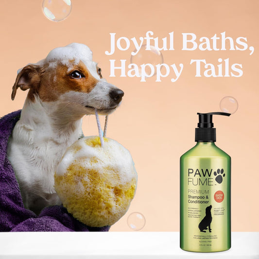Paw Fume twelve fluid ounce pet grooming bottle showing back label instructions and ingredients