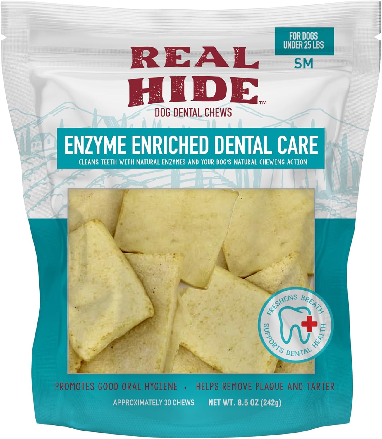 Back packaging of Real Hide dental treats highlighting ingredients, feeding instructions, and enzymatic plaque control benefits.