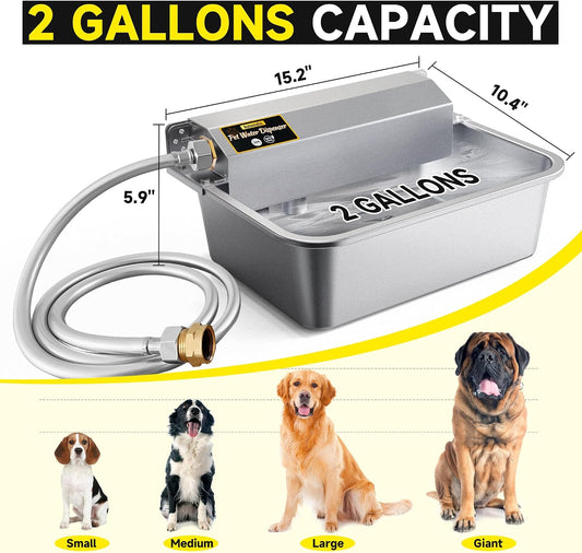 Two gallon stainless steel dog bowl with chew proof hose attached