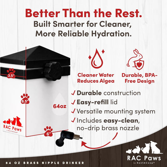 RentACoop 64oz (2 Liter) Small Animal Drinker with No-Drip Brass Nipple- Water Dispenser Suitable for Small Pets, Bunnies, Hamsters, Guinea Pigs, Rabbits, Chinchillas, Gerbil, Mice and Rats - Image 2