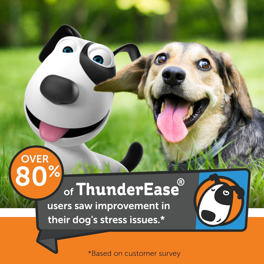 ThunderEase dog anxiety diffuser plug-in unit with attached thirty day refill vial showing proper right side up orientation.