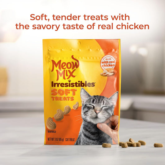 Meow Mix Irresistibles cat treats packaging showing real chicken