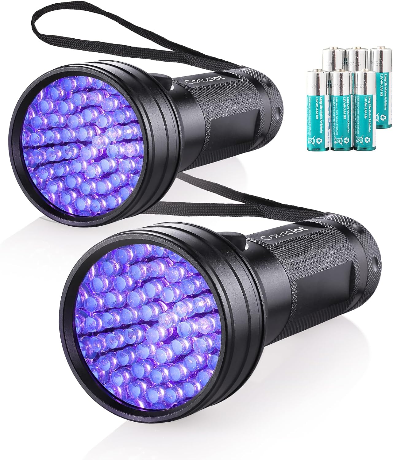 Consciot pet urine finder light illuminating hidden stains in a dark bedroom environment.