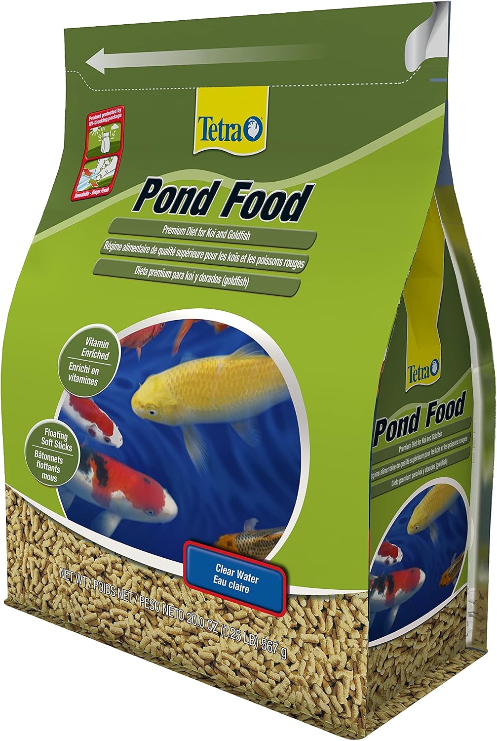 Tetra PondFood premium diet bag in a pond setting