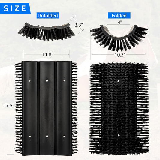 Upgraded horse scratcher brush mounted flat on a wooden barn wall for stable installation