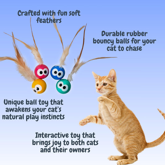 Close up view of the durable rubber ball featuring expressive eyes and attached colorful natural feather tails for kittens.