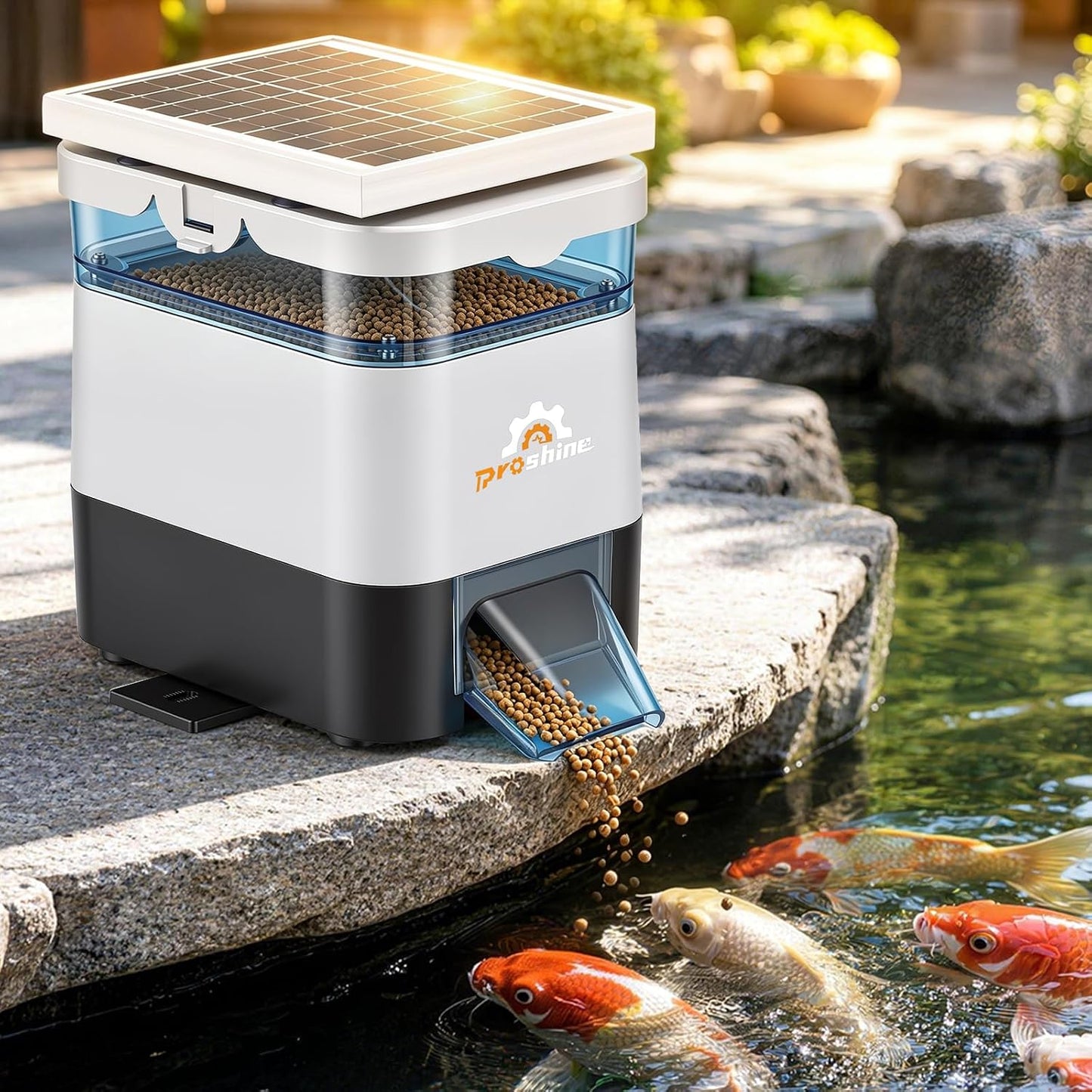 Proshine large capacity fish feeder filled with mixed pellet food.