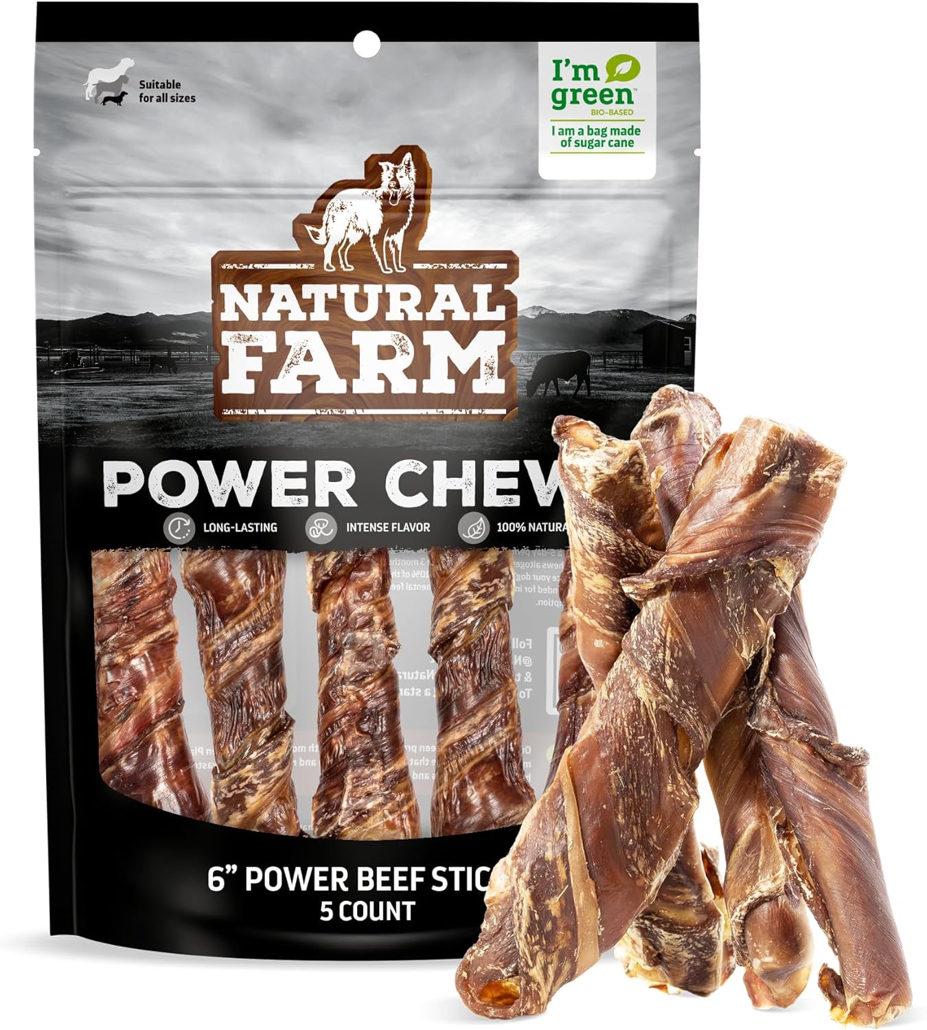 Natural Farm Power Beef Sticks Dog Chews (6", 15-Pack), 2-in-1 Power Chews: Premium Bully Cheek Wrapped in Beef Esophagus for Double Chewing Time, Promotes Dental Health, Great for Medium Dogs - Image 10