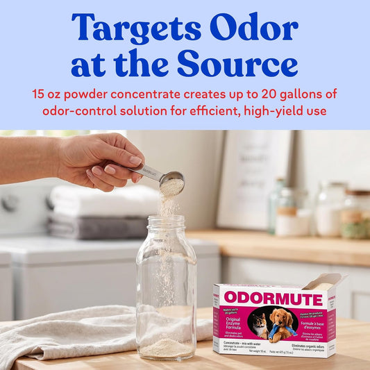 Doggie Dooley pet odor remover powder container showing product label and natural enzyme details.