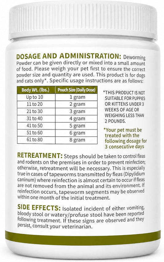 Dewomer pet deworming powder active ingredients and weight guide label
