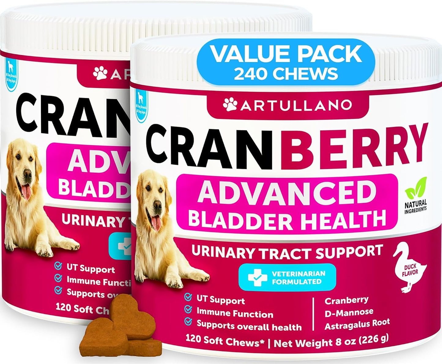 Artullano authentic USA imported daily bladder care chews for dogs on display.