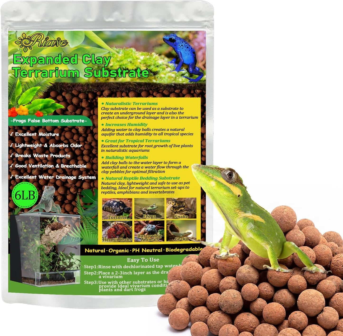 Riare 10LBS Expanded Clay Balls Terrarium Substrate for Reptiles - 100% Organic Lightweight Clay Pebbles Substrate Frogs False Bottom Substrate, Bioactive Terrarium Substrate for Drainage and Moisture - Image 10