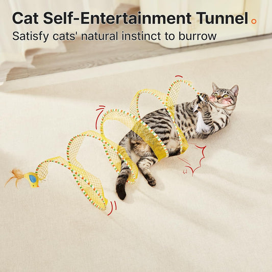Potaroma kitten play tunnel showcasing the interactive dangling feathers and bell attachment details.