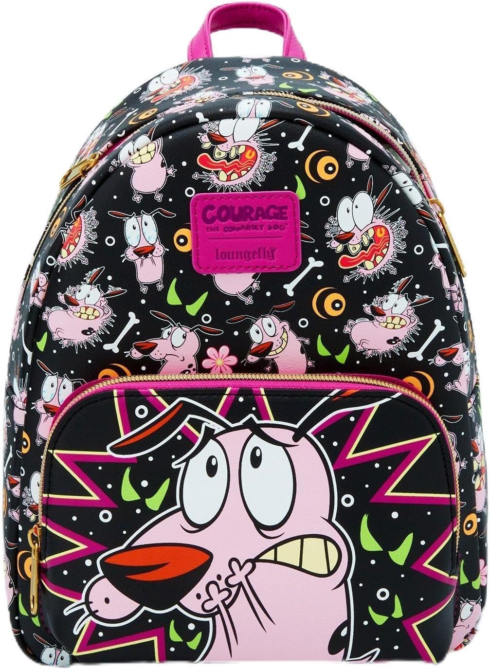 Bioworld Loungefly Courage the Cowardly Dog mini backpack front view showing fuzzy pink plush fabric and 3D ears.