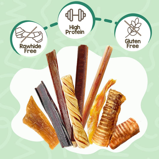 Nature Gnaws dog chews variety pack showing natural beef bully sticks.