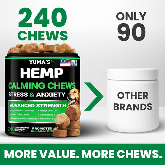 Yuma's dog calming treats side label showing ingredients like melatonin and hemp seed oil