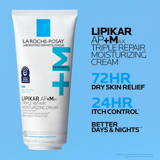 La Roche-Posay Lipikar AP+MAX 6.76 Fluid Ounce packaging detailing shea butter and niacinamide ingredients