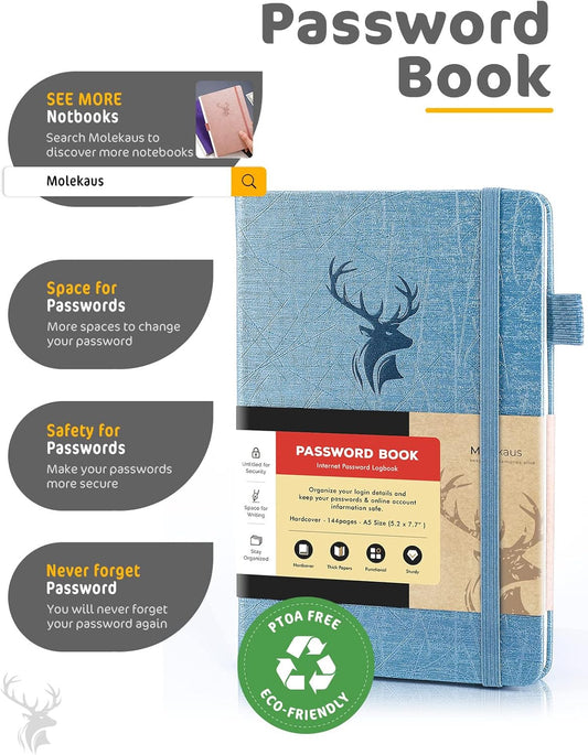 Molekaus password notebook showing open pages with single-letter alphabetical tabs.
