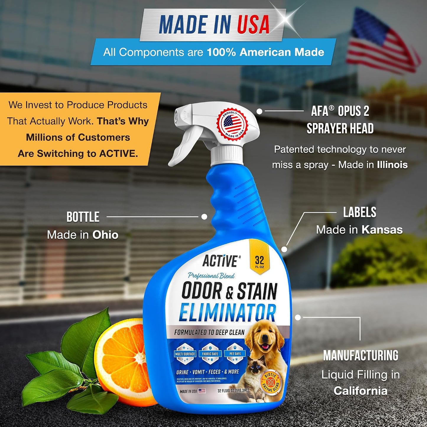 ACTIVE pet odor eliminator 32 ounce bottle showcasing product labeling and benefits.