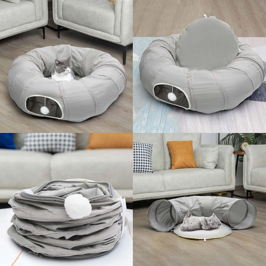 AUOON interactive pet play tube expanded into a circular shape with cat looking out of peep hole