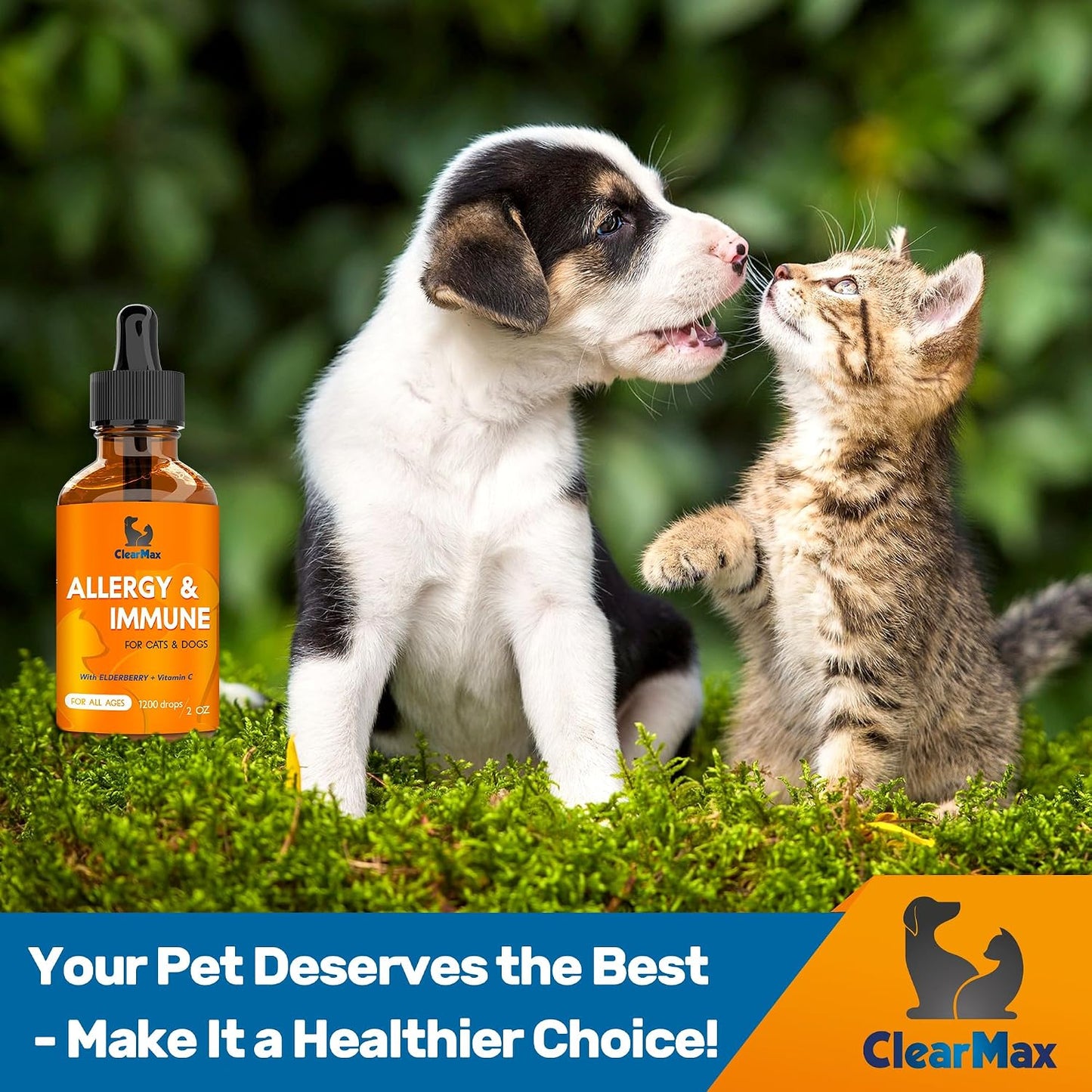 Full packaging range of Clear Max pet health products including the 2 ounce allergy bottle