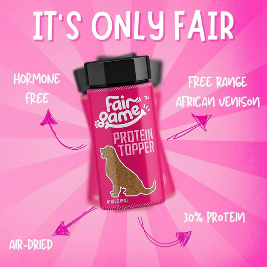 Fair Game African Venison high protein powder dog food mixer packaging details.