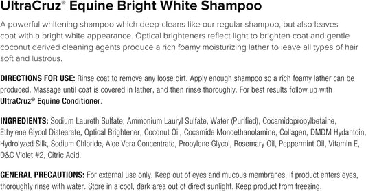 Authentic USA imported UltraCruz whitening horse shampoo bottle highlighting the deep cleaning benefits