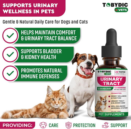 Tobydic cranberry and D-mannose liquid drops showing the packaging label information.