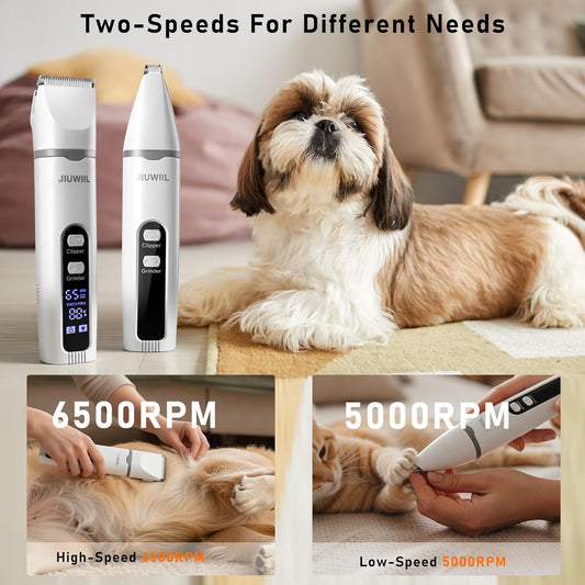 JIUWIIL 4 in 1 pet grooming tool showing interchangeable trimmer heads and nail grinder