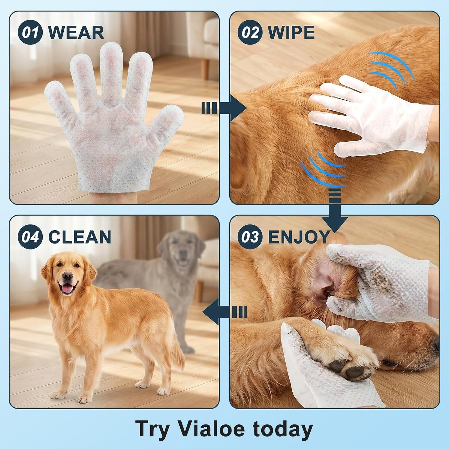 Vialoe 4-in-1 pet care gloves pack displayed next to grooming ingredients like oats and honey