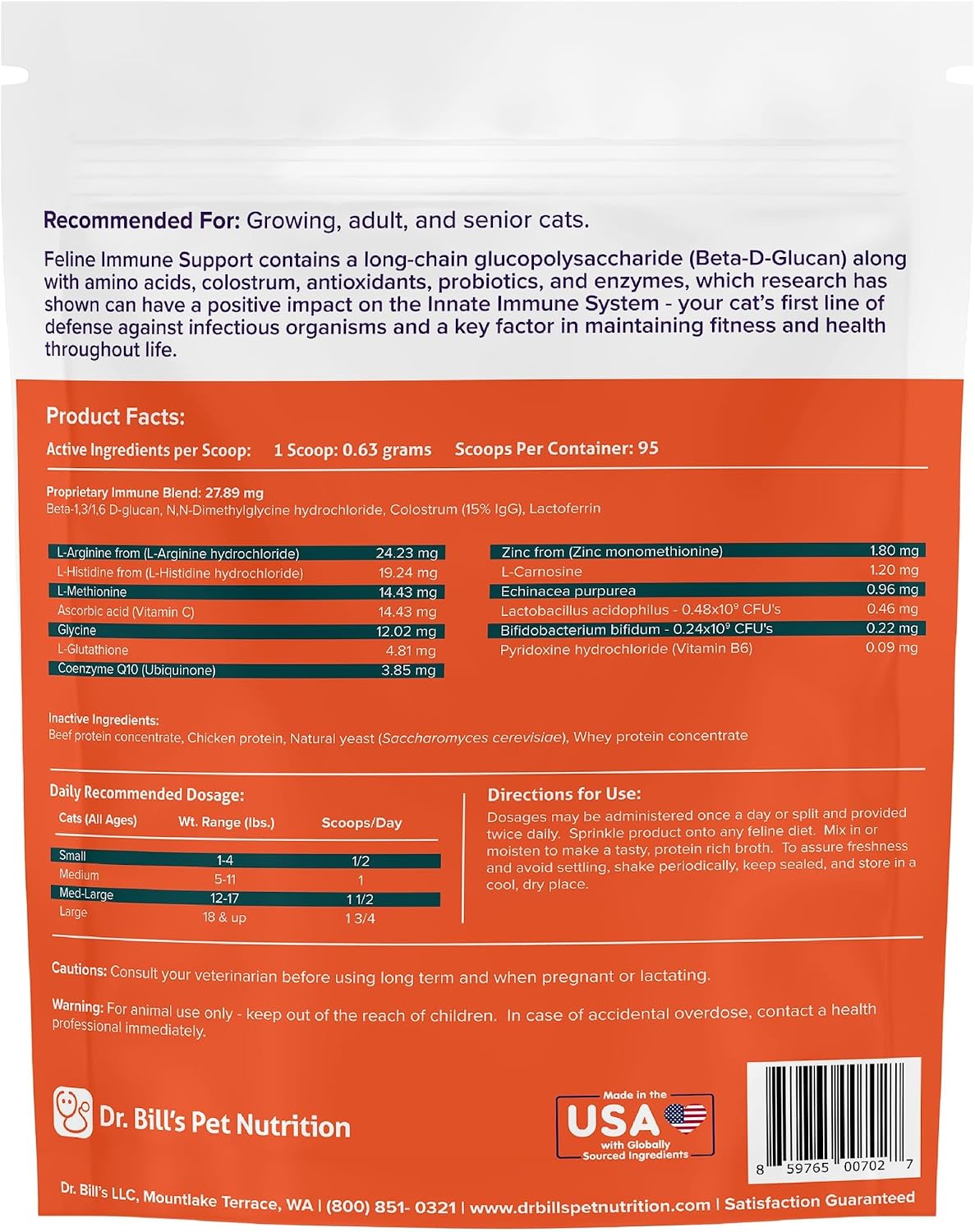 Dr. Bill's Feline Immune Support | Boosts Cat Immunity and Health with Colostrum, Beta Glucan, Turkey Tail Mushroom, Zinc & Vitamin C | Powder Supplement for Cats of All Ages - Image 9