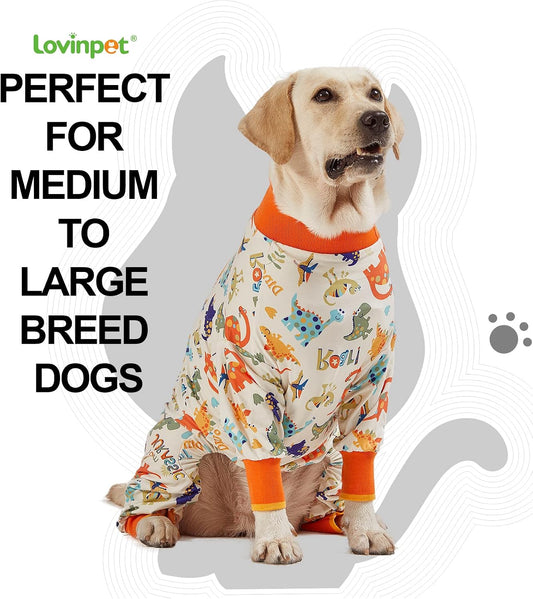 LovinPet recovery suit back view highlighting the orange spine detailing and lightweight stretch jersey fabric on a large dog.