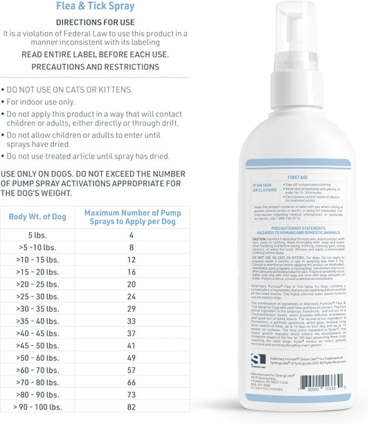 Veterinary Formula dog flea spray bottle label