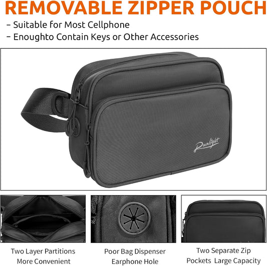 Runlight dog waist belt bag worn as a crossbody walking pack during training