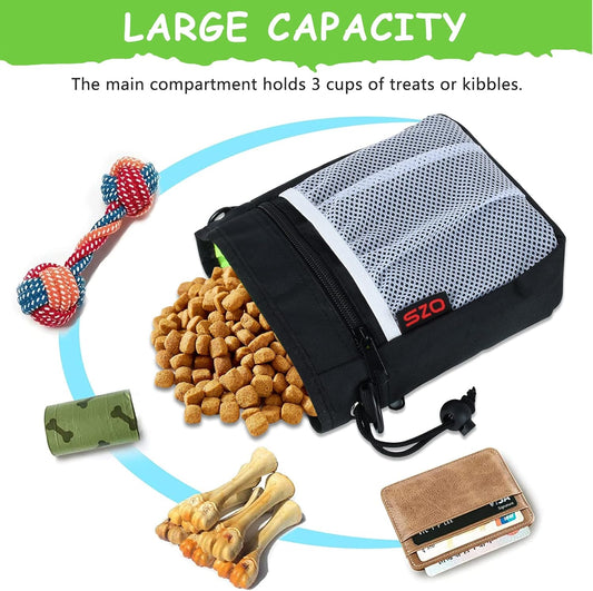 SZO black pet training bag displaying the three different wear modes using the waist belt and shoulder strap.