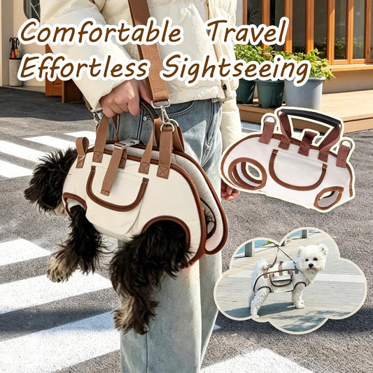 Adjustable shoulder straps and safety clip closure on the brown pet carrier sling backpack.