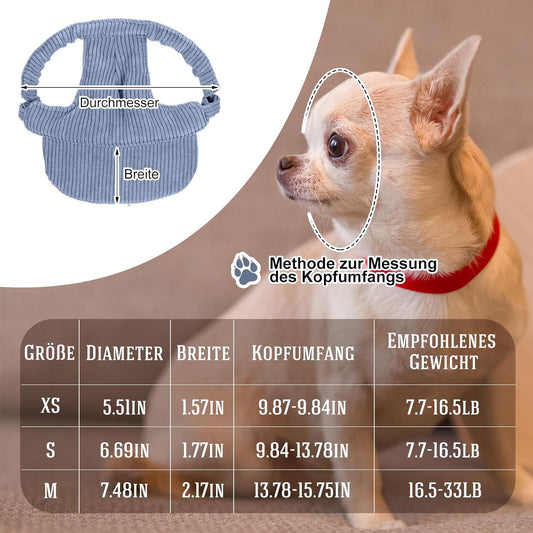 Small dog wearing Jadive blue baseball cap with ear holes