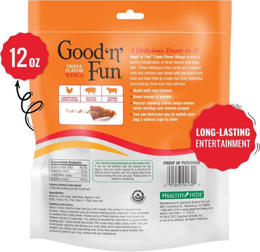 Good 'n' Fun wing shaped dog chews displayed out of the bag